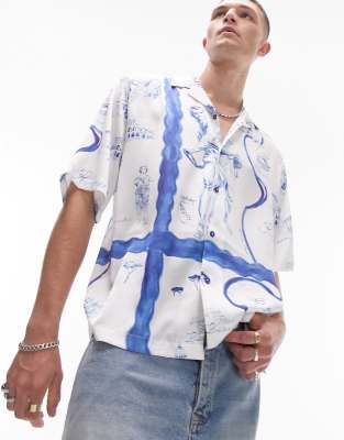 TOPMAN SHORT SLEEVE RELAXED SATIN ROME PRINTED REVERE SHIRT IN WHITE 
