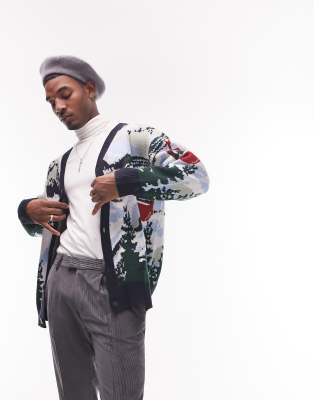 TOPMAN SCENIC GRAPHIC CARDIGAN IN BLUE-BLUES