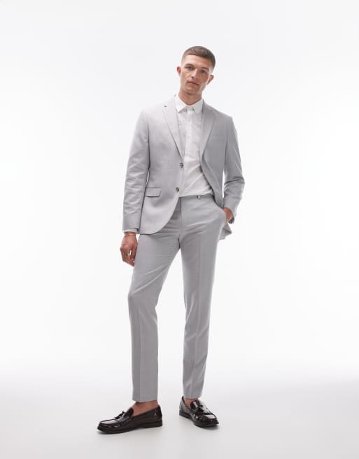 Topman – Schmal geschnittene Anzughose aus einer Leinenmischung in Grau