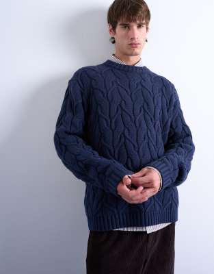 Schwerer Relaxed-Fit-Strickpullover in Marineblau mit Zopfmuster Marineblau XL