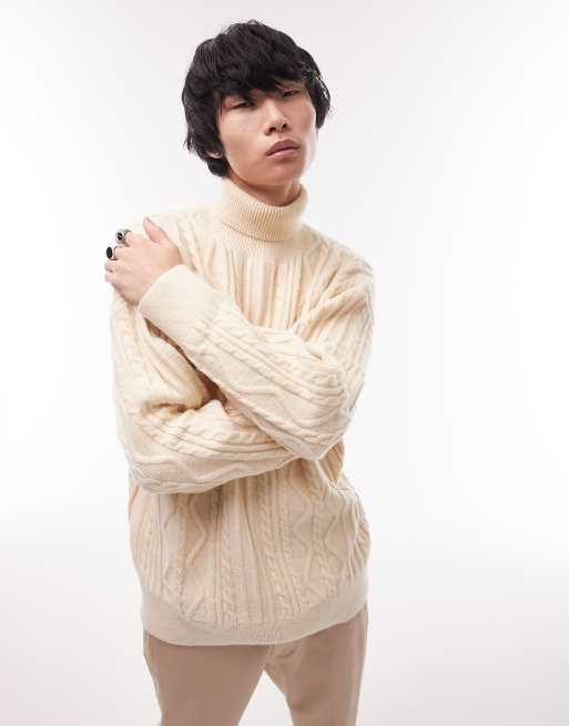 Topman – Schwerer Strickpullover in Stein mit Zopfmuster und Rollkragen
