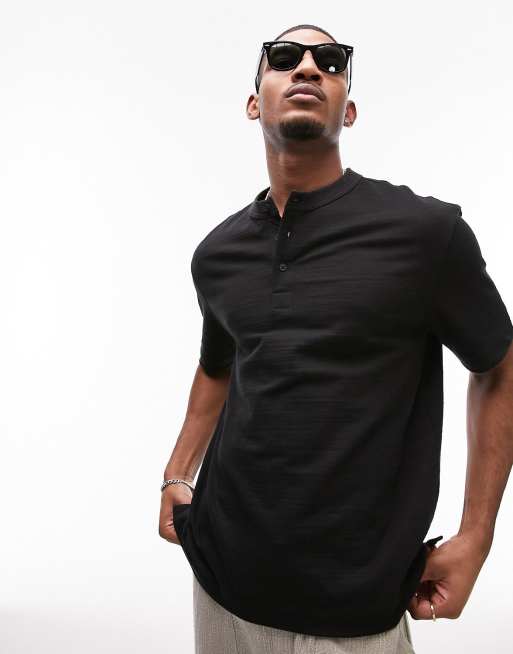 Topman – Schweres Henley-T-Shirt in Schwarz mit Oversize-Schnitt