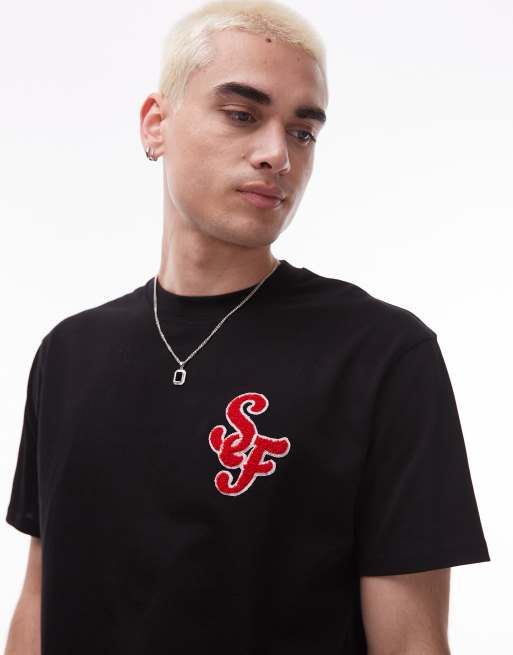 Topman – Schweres Relaxed-Fit-T-Shirt in Schwarz mit aufgesticktem Buchstaben auf Chenille-Print, 3 von 4