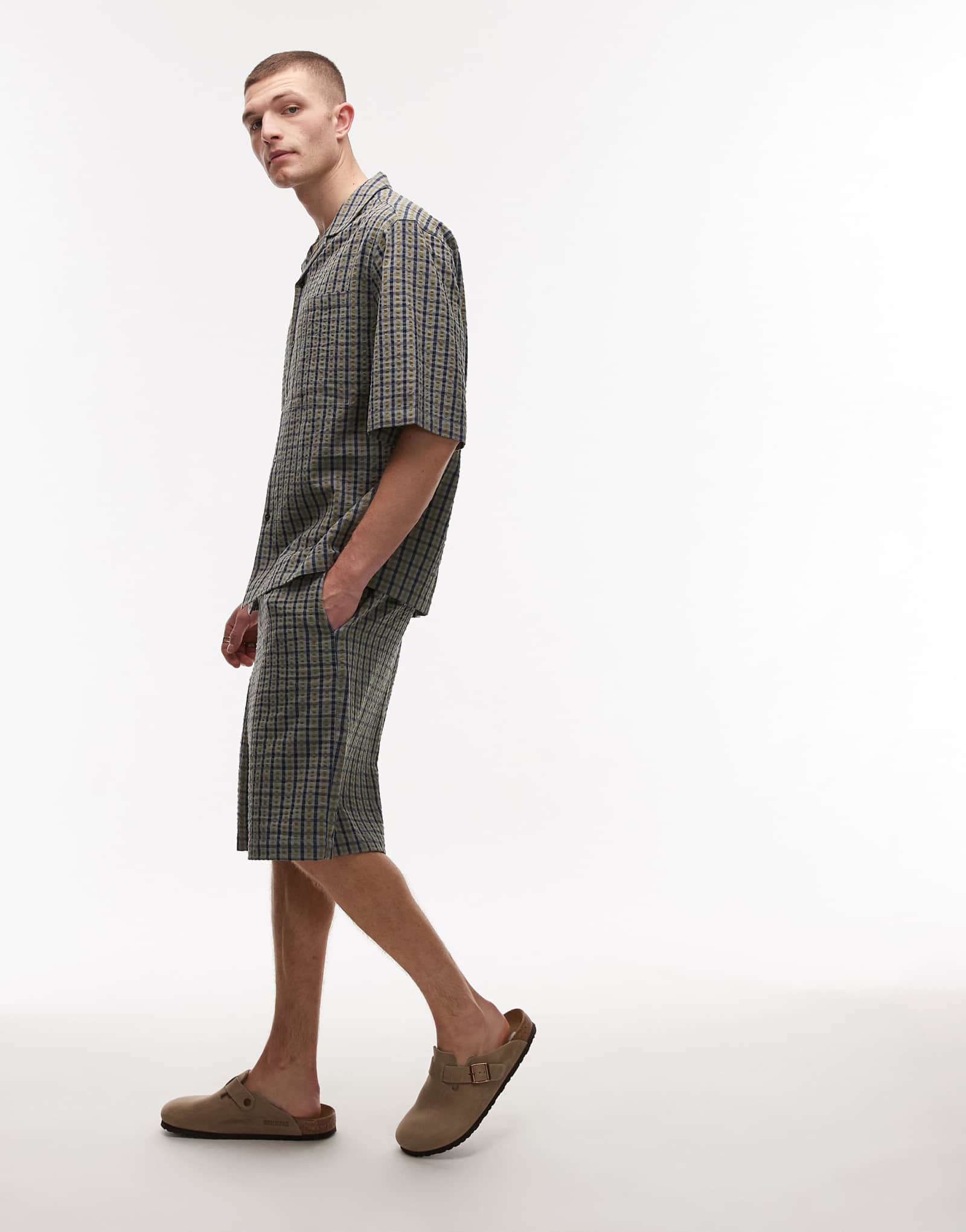 Шорты в клетку Topman seersucker зеленого цвета