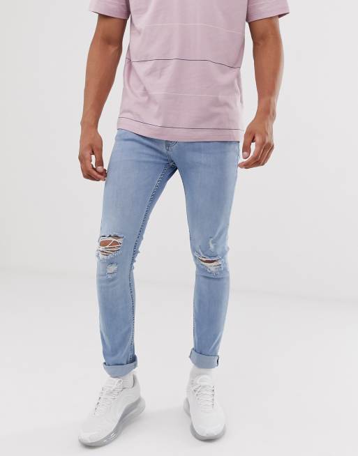 Topman – Sehr enge Jeans mit Rissen in verwaschenem Blau