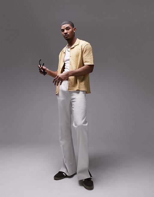 Topman - Sennepsfarvet polotrøje i oversized fit med geometrisk jacquardmønster og knapper, 3 af 4