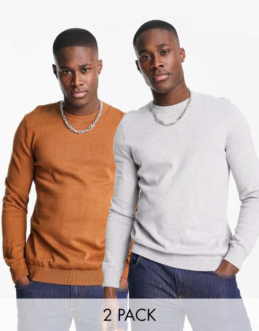 Topman - Set gebreide truien met lange mouwen en ronde hals in camel en grijs