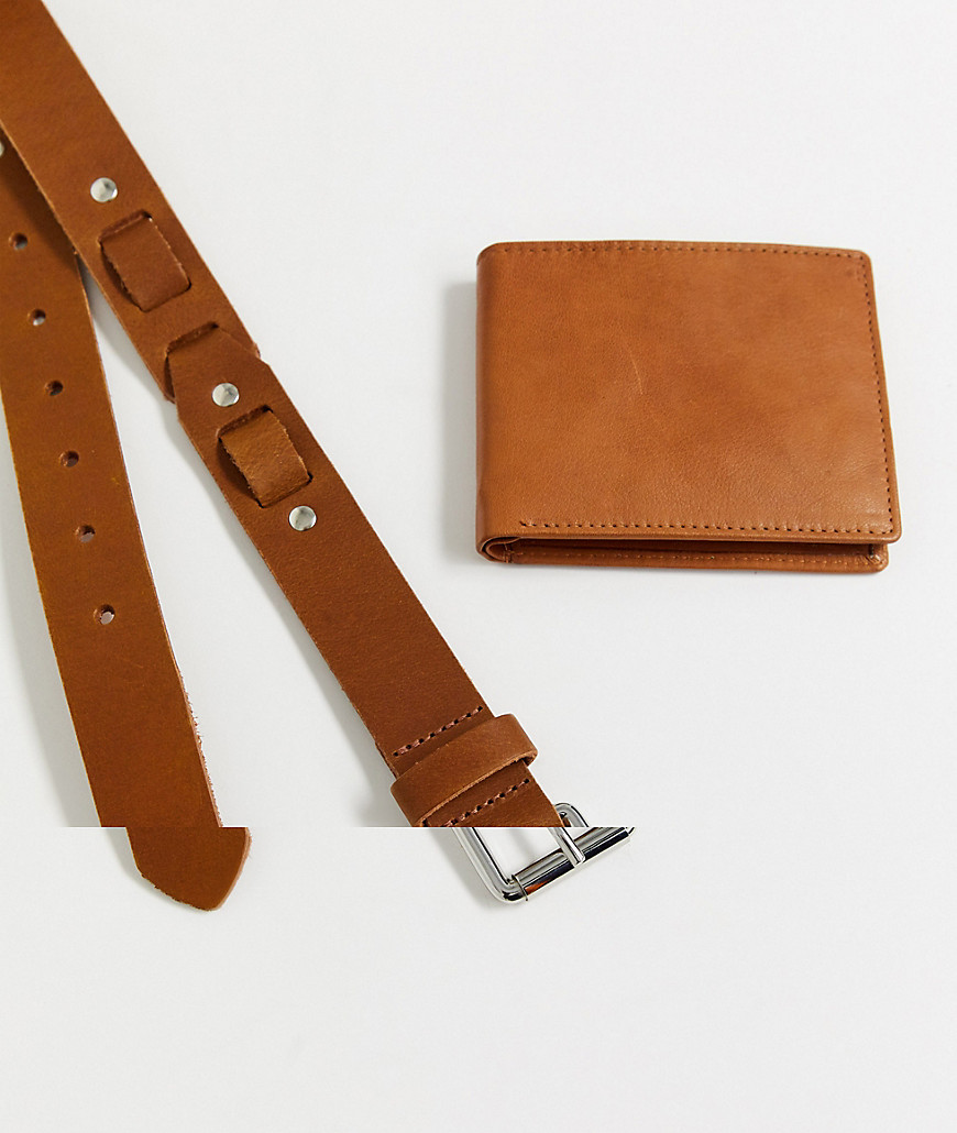 Topman – Set med ljusbrunt läderbälte och plånbok