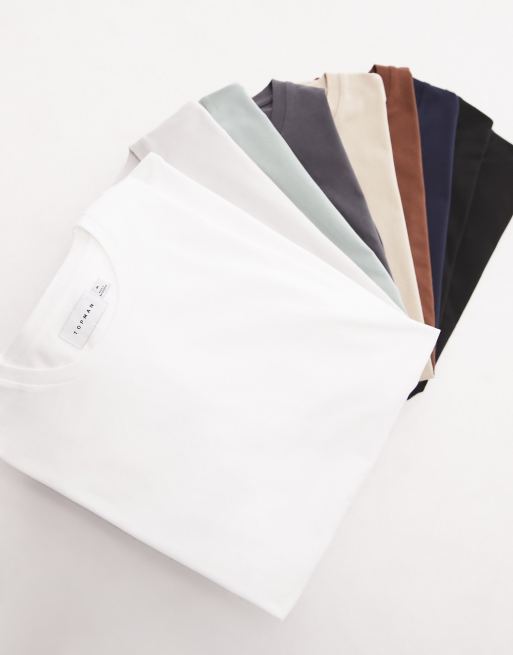 Topman - Set van 10 klassieke T-shirts in zwart, wit, marineblauw, antraciet, saliegroen, stone, bruin en lichtgrijs