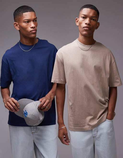 Topman - Set van 2 T-shirts met oversized pasvorm in blauw en lichtbruin met wassing