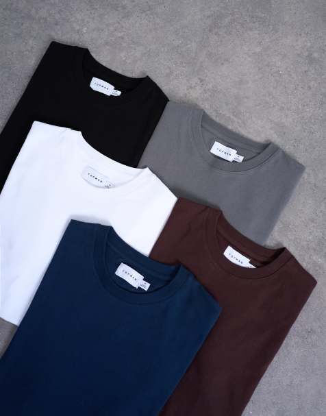 Topman - Set van 5 klassieke T-shirts in zwart, wit, bruin, marineblauw en antracietgrijs - view 1