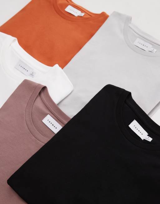 Topman - Set van 5 klassieke T-shirts in zwart, wit, lichtgrijs, roestbruin en nertsroze