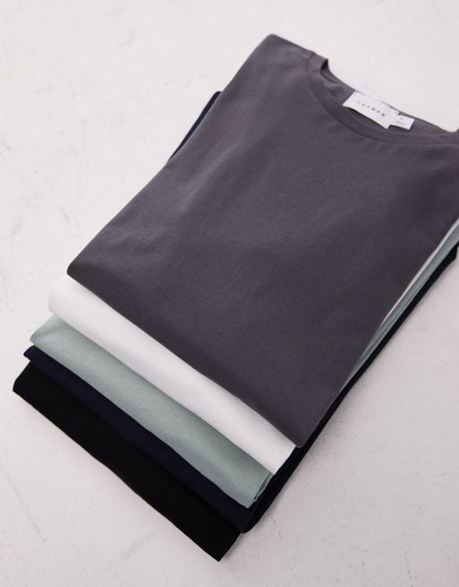 Topman - Set van 5 klassieke T-shirts in zwart, wit, marineblauw, antraciet en saliegroen