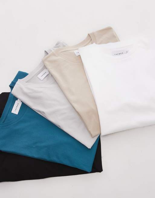 Topman - Set van 5 normale T-shirts in zwart, blauw, gemêleerd grijs, stone en wit