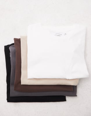 Topman - Set van 5 normale T-shirts in zwart, wit, stone, antraciet en bruin