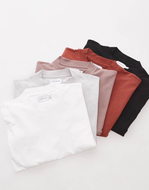 Topman - Set van 5 oversized T-shirts in zwart, wit, grijs, bruin en roestbruin