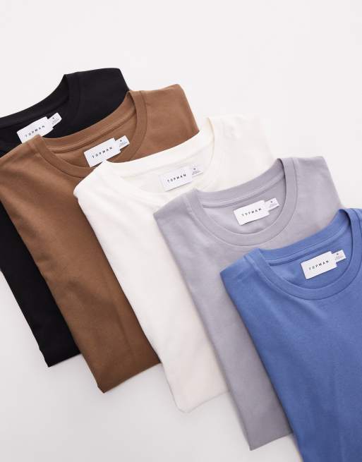 Topman - Set van 5 regular-fit T-shirts in zwart, ecru, bruin, blauw en grijs