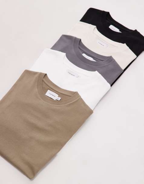 Topman - Set van 5 T-shirts met klassieke pasvorm in wit, ecru, kaki, antracietgrijs en zwart - view 1