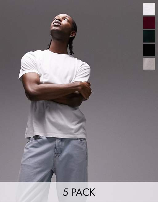 Topman - Set van 5 T-shirts met klassieke pasvorm in zwart, wit, ecru, bordeauxrood en donkergroen