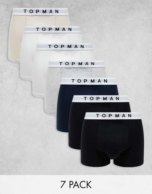 Topman - Set van 7 boxershorts in zwart, wit, gemêleerd grijs, marineblauw en stone met witte tailleband