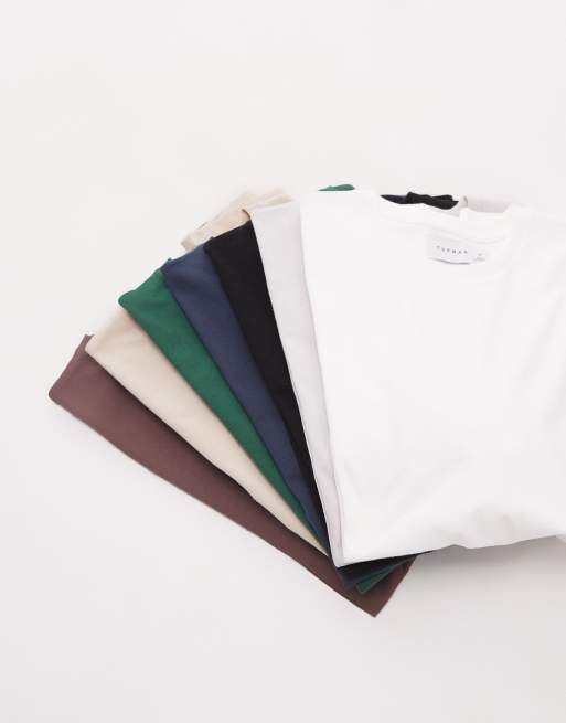 Topman - Set van 7 normale T-shirts in zwart, wit, stone, bruin, antraciet, marineblauw en groen