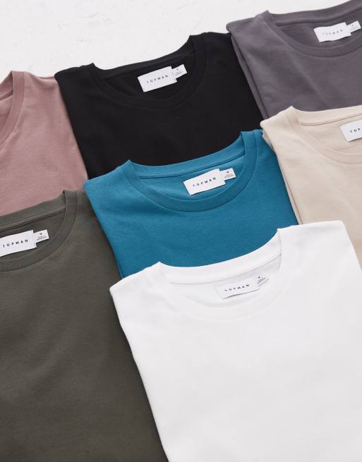 Topman - Set van 7 normale T-shirts in zwart, wit, stone, nertsbruin, grijs, kaki en groenblauw