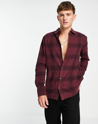 Topman lightweight cotton check shirt in burgundy