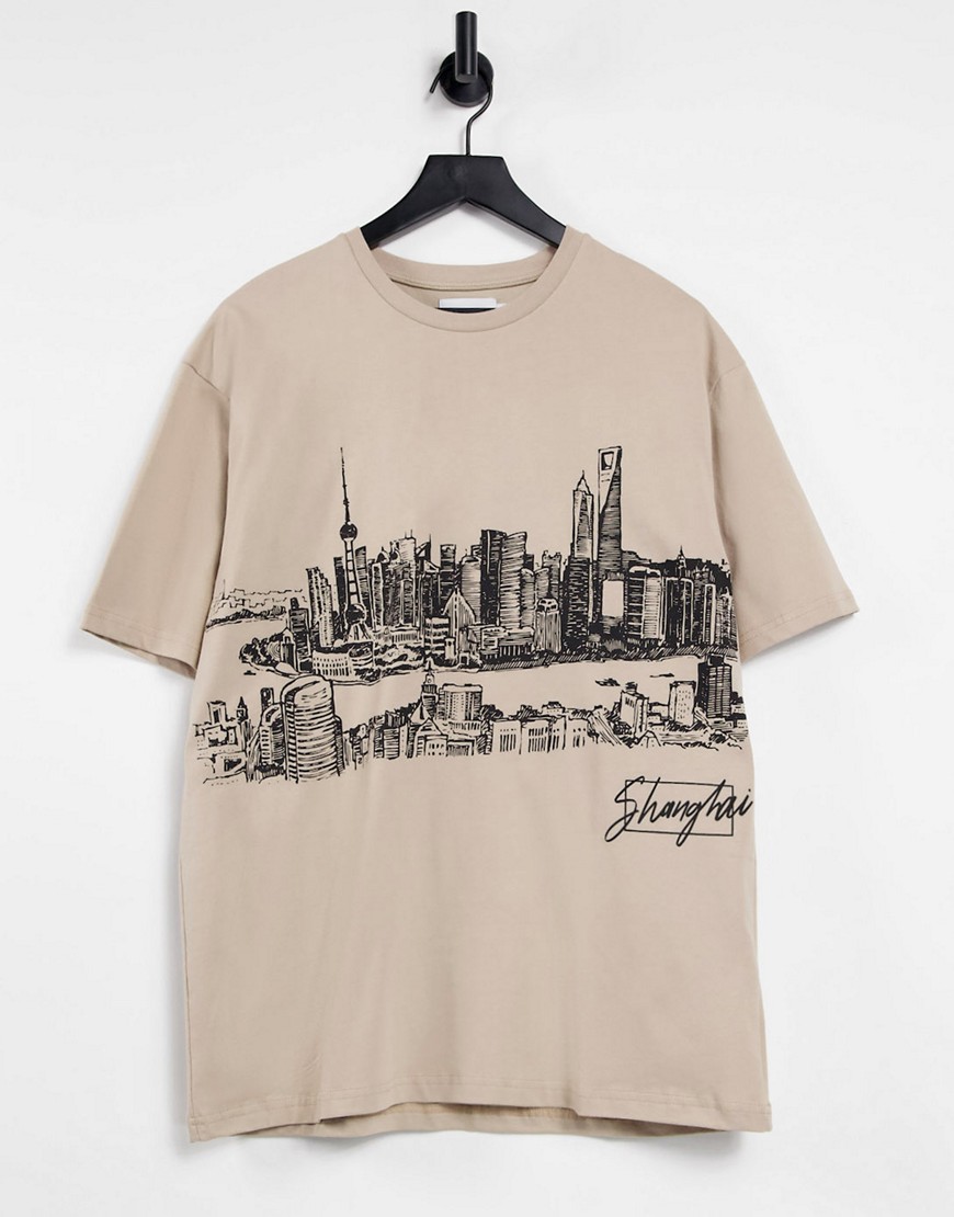 Topman Shanghai sketch t-shirt in stone-Neutral
