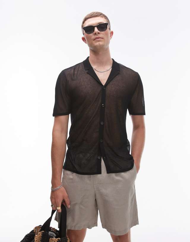 Topman - sheer knitted polo in black