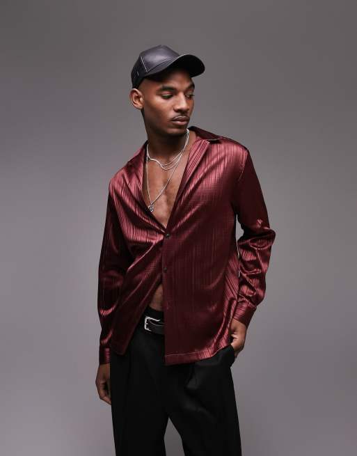 Topman sheer stripe deep revere shirt in burgundy