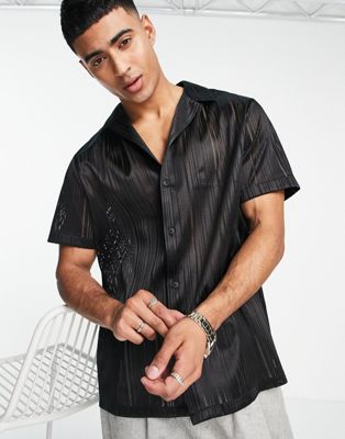 Topman sheer stripe extreme deep revere shirt in black - ASOS Price Checker