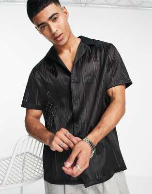 Topman sheer stripe extreme deep revere shirt in black - ASOS Price Checker