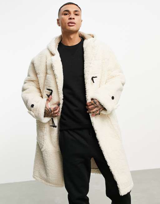 Topman sherpa duffle coat with hood in cream