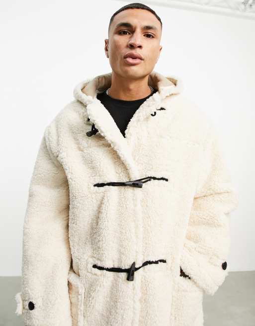 Topman sherpa duffle coat with hood in cream