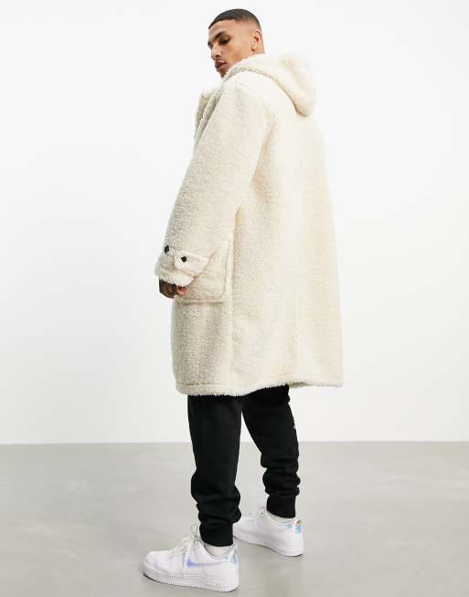 Topman sherpa duffle coat with hood in cream