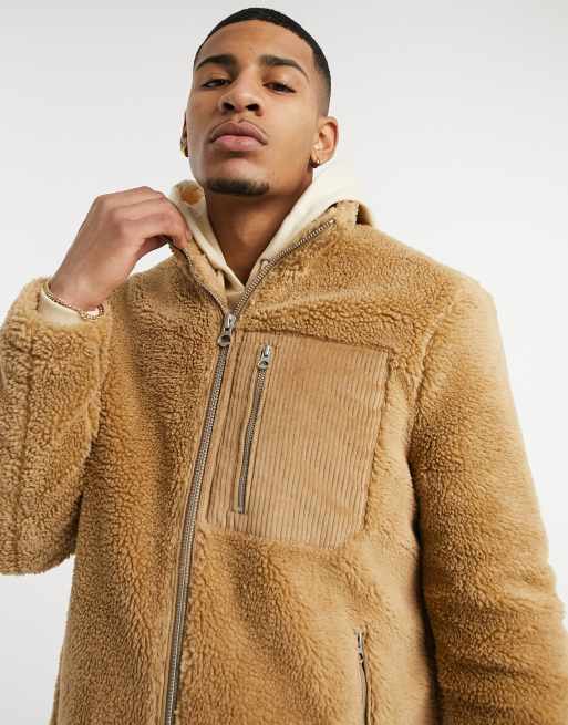 Topman teddy fleece coat in brown, ASOS