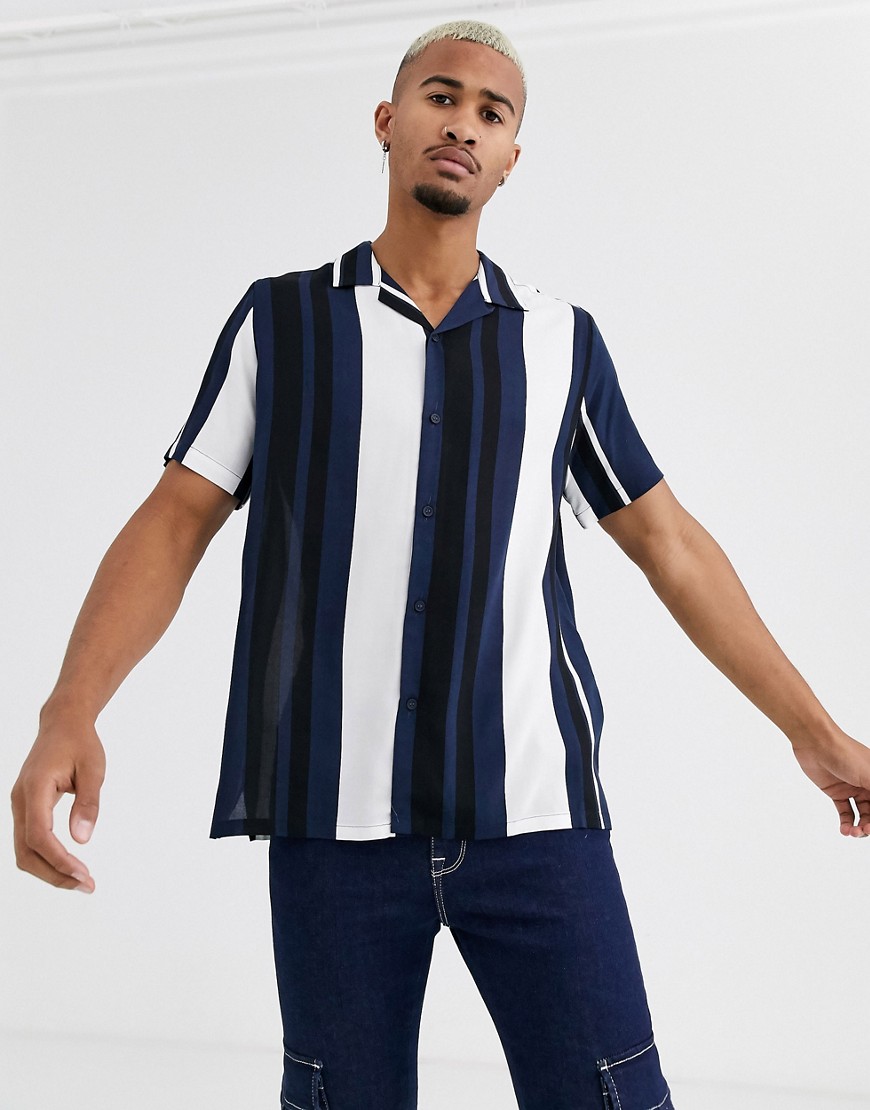 Topman shirt in blue & ecru stripe-Navy