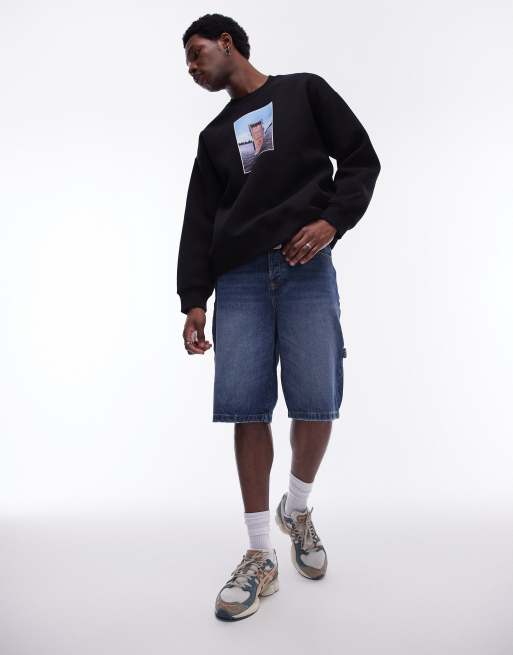 Topman - Short charpentier long en jean - Bleu foncé délavé