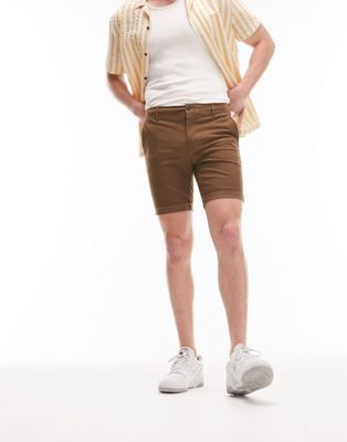 Topman skinny chino short in brown - ASOS Price Checker