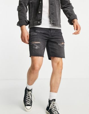 Homme Topman - Short déchiré en jean coupe slim - Noir délavé
