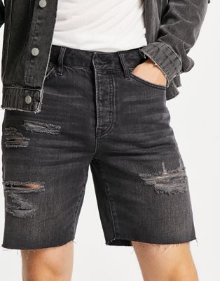 Homme Topman - Short déchiré en jean coupe slim - Noir délavé