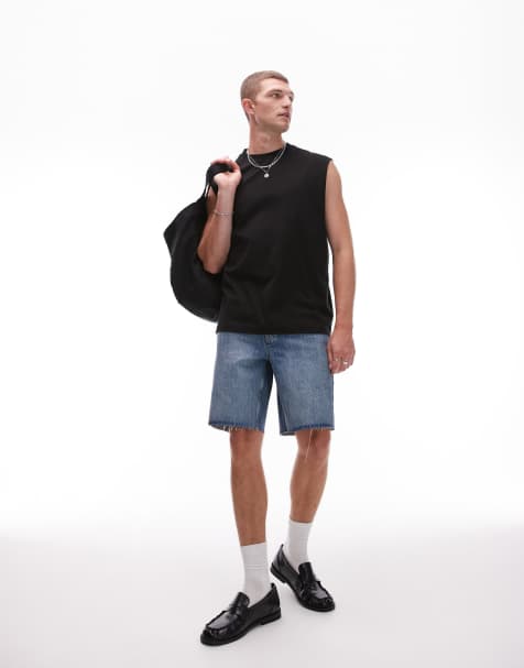 Topman - Short droit en jean avec ourlets effilochés - Bleu moyen délavé - view 1