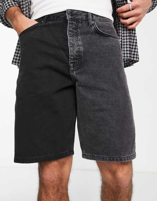 Topman - Short en jean droit à empiècements en deux parties - Noir délavé