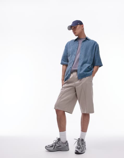 Topman - Short met lange pasvorm en platgestikte plooien in stone - view 1