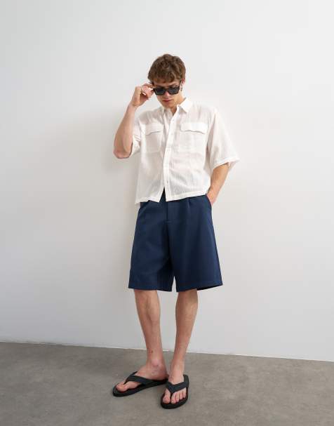 Topman - Short met wijde pijpen en plooien in marineblauw - view 1