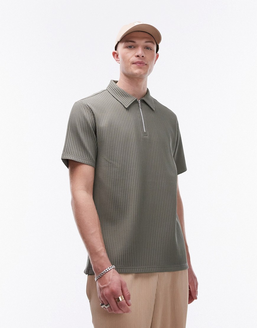 Topman short sleeve 1/4 zip through plisse shirt in khaki-Green