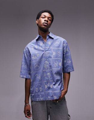 Topman short sleeve all over embroidered relaxed western shirt in blue