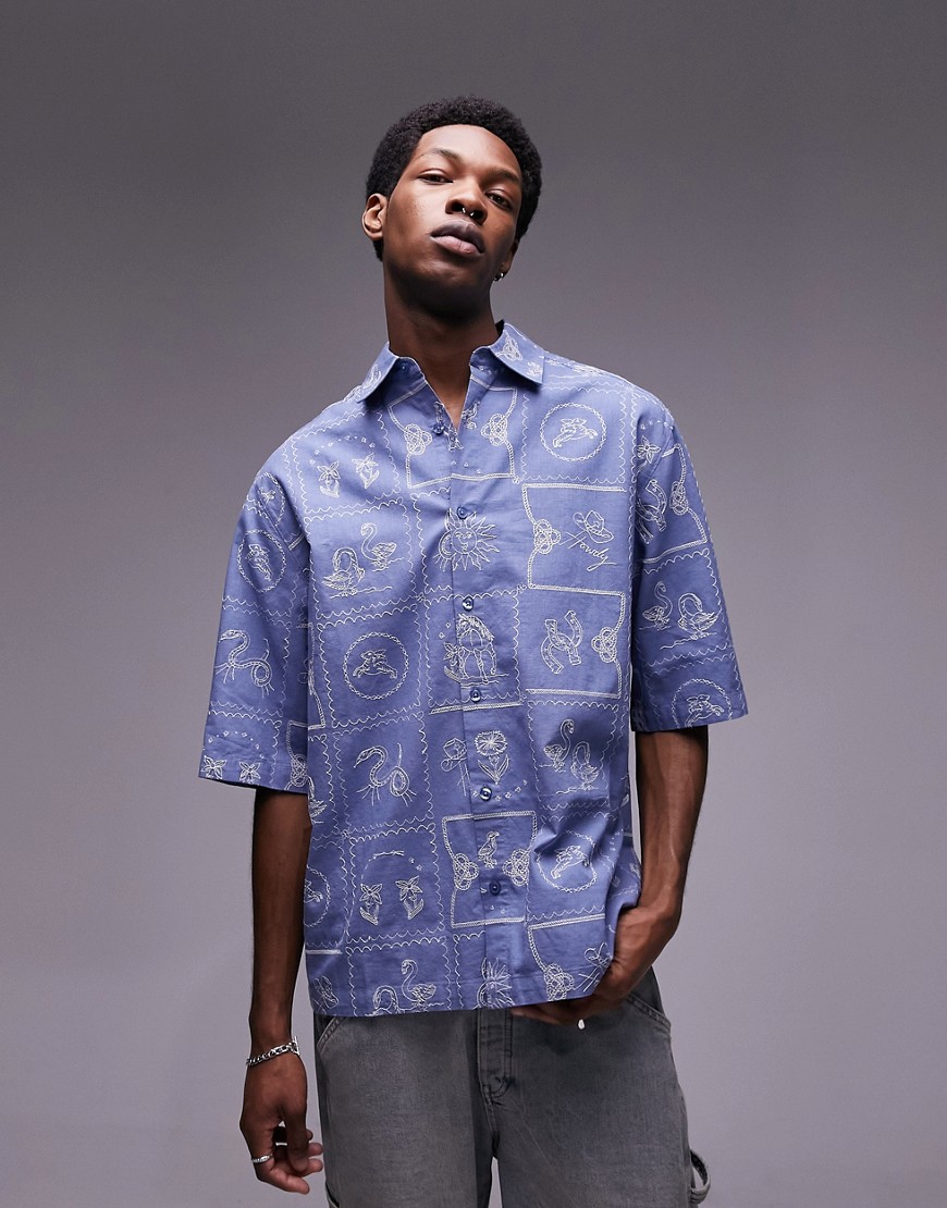 Shop Topman Short Sleeve All-over Embroidered Relaxed Western Shirt In Blue