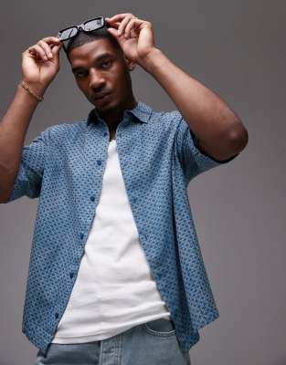 Topman Short Sleeve Boxy Embroidered Stitch Detail Shirt In Blue - Part Of A Set-multi