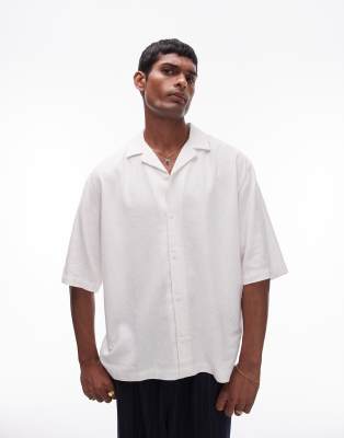 short sleeve boxy linen blend shirt in ecru-Neutral